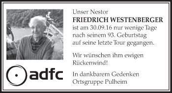 Anzeige von Friedrich Westenberger von  Sonntags-Post 