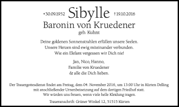 Anzeige von Sibylle Baronin von Kruedener von Kölner Stadt-Anzeiger / Kölnische Rundschau / Express