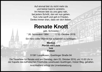 Anzeige von Renate Knott von Kölner Stadt-Anzeiger / Kölnische Rundschau / Express