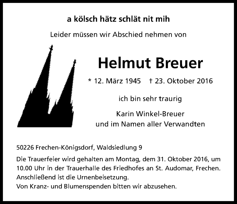  Traueranzeige für Helmut Breuer vom 29.10.2016 aus Kölner Stadt-Anzeiger / Kölnische Rundschau / Express