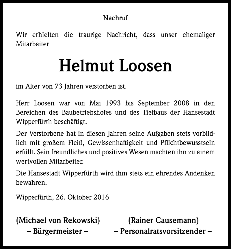  Traueranzeige für Helmut Loosen vom 29.10.2016 aus Kölner Stadt-Anzeiger / Kölnische Rundschau / Express