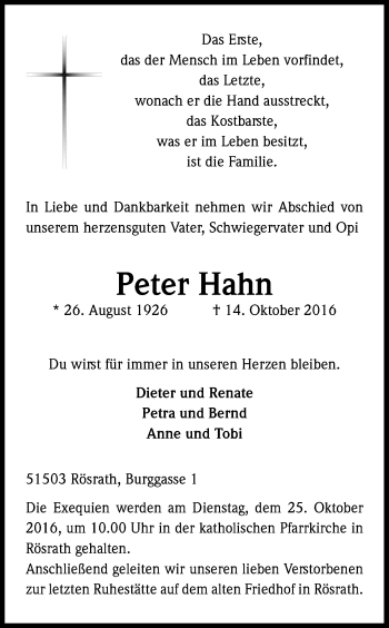 Anzeige von Peter Hahn von Kölner Stadt-Anzeiger / Kölnische Rundschau / Express