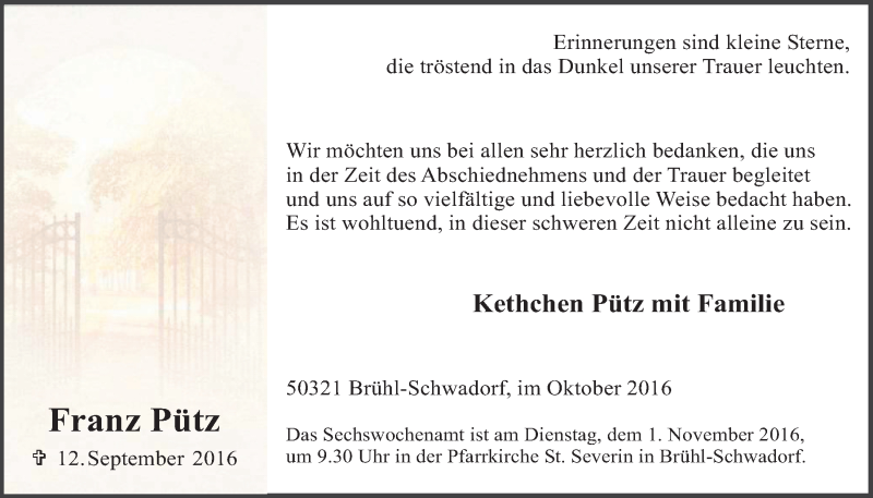  Traueranzeige für Franz Pütz vom 19.10.2016 aus  Schlossbote/Werbekurier 
