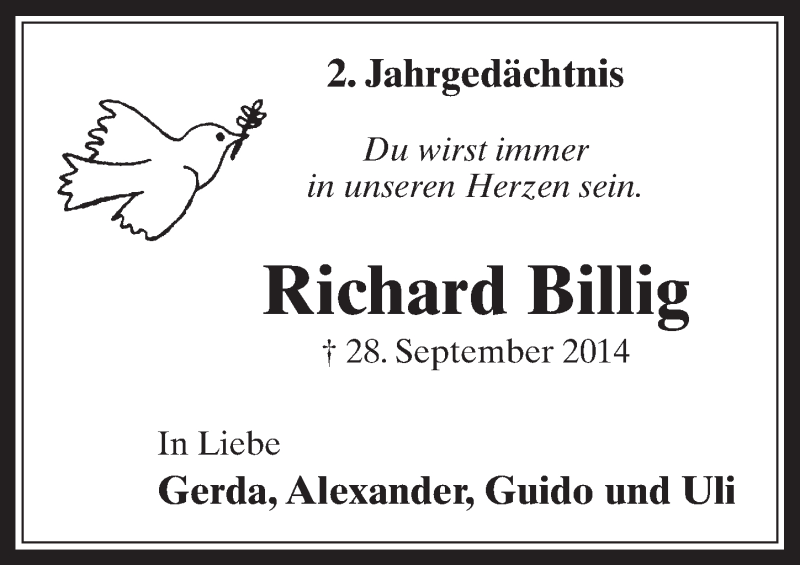  Traueranzeige für Richard Billig vom 05.10.2016 aus  Werbepost 