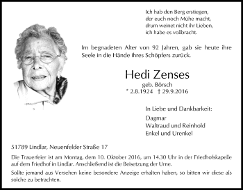 Anzeige von Hedi Zenses von Kölner Stadt-Anzeiger / Kölnische Rundschau / Express