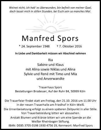Anzeige von Manfred Spors von Kölner Stadt-Anzeiger / Kölnische Rundschau / Express