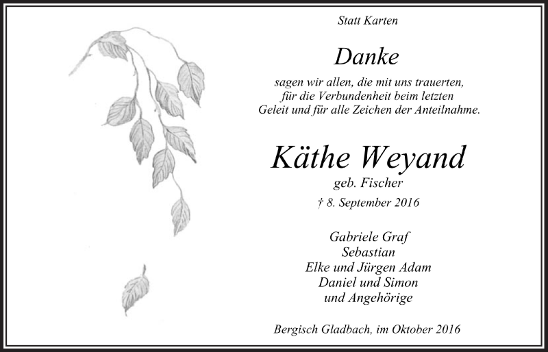  Traueranzeige für Käthe Weyand vom 19.10.2016 aus  Bergisches Handelsblatt 