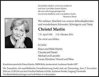 Anzeige von Christel Martin von Kölner Stadt-Anzeiger / Kölnische Rundschau / Express