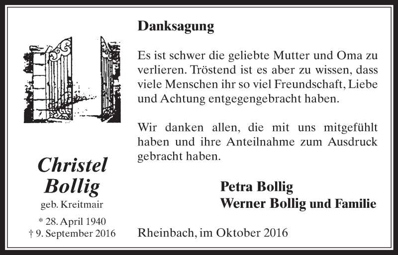  Traueranzeige für Christel Bollig vom 19.10.2016 aus  Schaufenster/Blickpunkt 