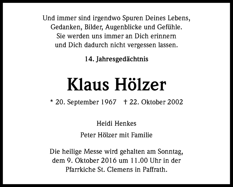  Traueranzeige für Klaus Hölzer vom 03.10.2016 aus Kölner Stadt-Anzeiger / Kölnische Rundschau / Express