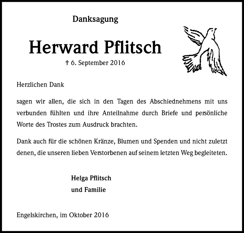  Traueranzeige für Herward Pflitsch vom 29.10.2016 aus Kölner Stadt-Anzeiger / Kölnische Rundschau / Express