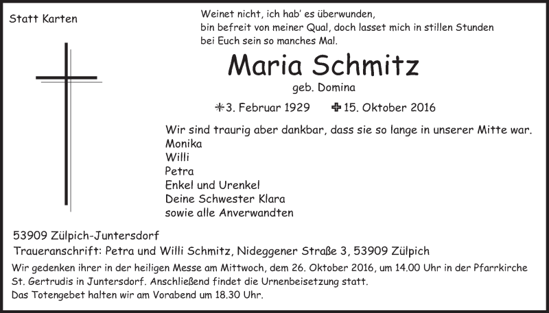  Traueranzeige für Maria Schmitz vom 22.10.2016 aus  Blickpunkt Euskirchen 