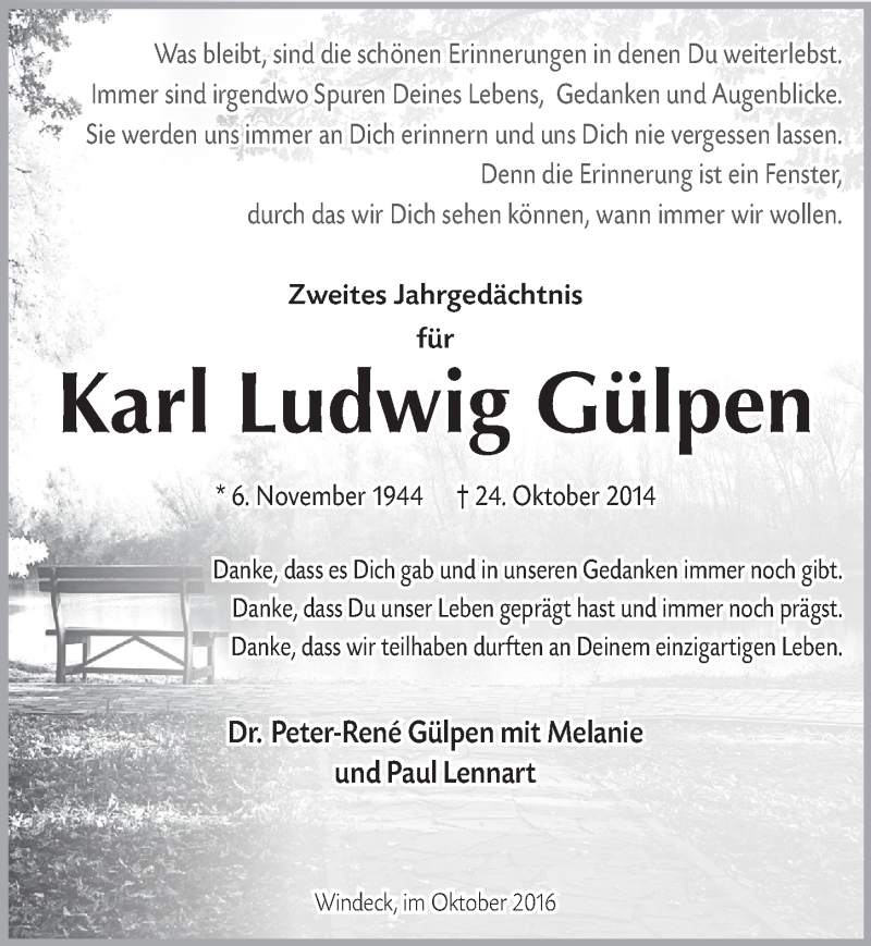  Traueranzeige für Karl Ludwig Gülpen vom 26.10.2016 aus  Anzeigen Echo 