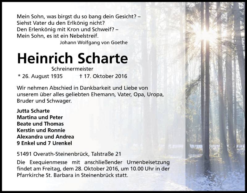  Traueranzeige für Heinrich Scharte vom 22.10.2016 aus Kölner Stadt-Anzeiger / Kölnische Rundschau / Express