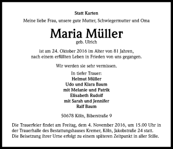 Anzeige von Maria Müller von Kölner Stadt-Anzeiger / Kölnische Rundschau / Express