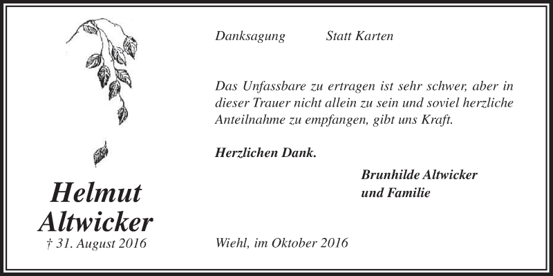  Traueranzeige für Helmut Altwicker vom 26.10.2016 aus  Anzeigen Echo 