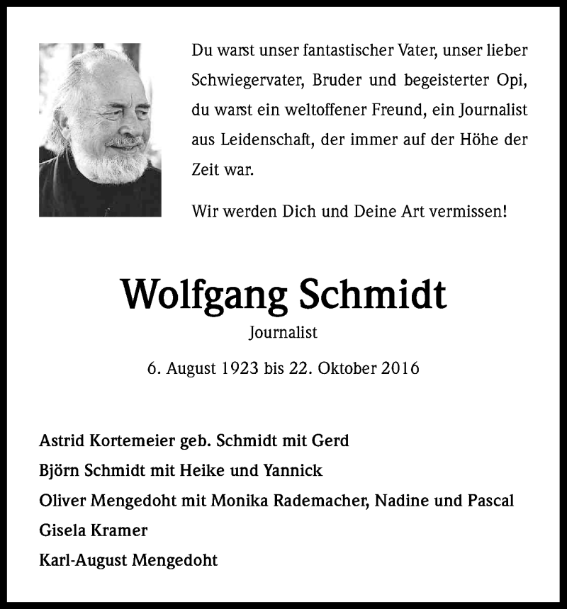  Traueranzeige für Wolfgang Schmidt vom 29.10.2016 aus Kölner Stadt-Anzeiger / Kölnische Rundschau / Express