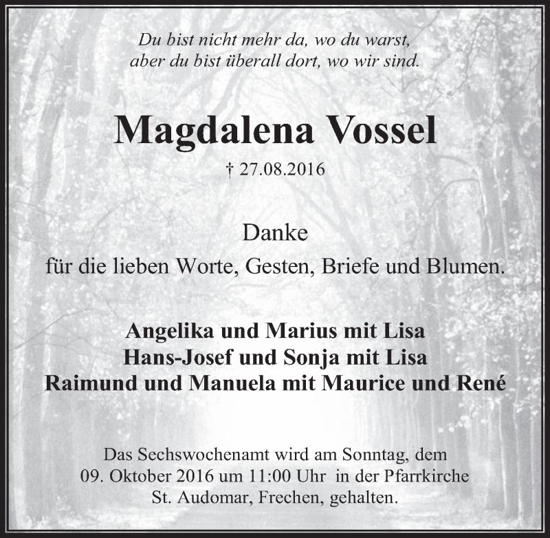  Traueranzeige für Magdalena Vossel vom 05.10.2016 aus  Wochenende 