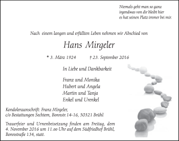 Anzeige von Hans Mirgeler von  Schlossbote/Werbekurier 