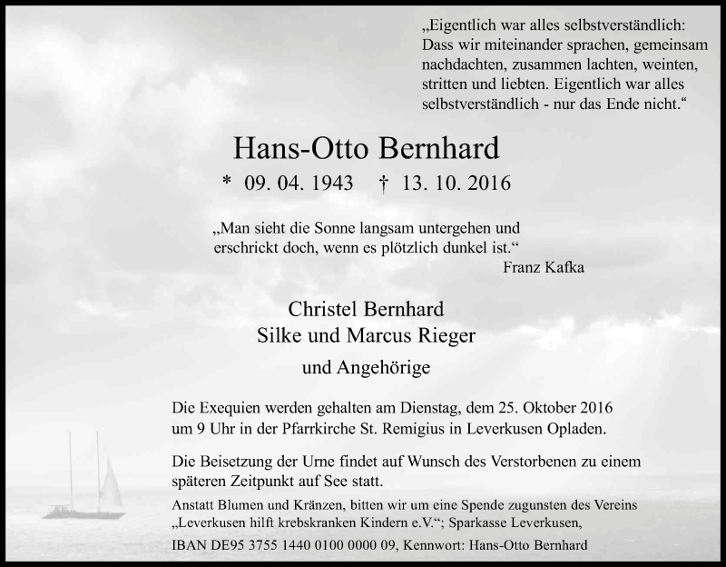  Traueranzeige für Hans-Otto Bernhard vom 22.10.2016 aus Kölner Stadt-Anzeiger / Kölnische Rundschau / Express