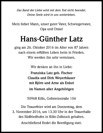 Anzeige von Hans-Günther Latz von Kölner Stadt-Anzeiger / Kölnische Rundschau / Express