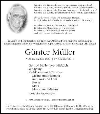 Anzeige von Günter Müller von Kölner Stadt-Anzeiger / Kölnische Rundschau / Express