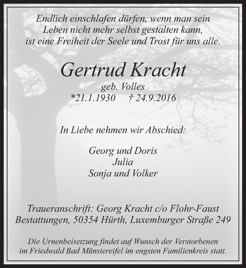  Traueranzeige für Gertrud Kracht vom 05.10.2016 aus  Wochenende 