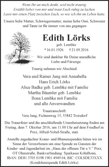 Anzeige von Edith Lörks von  Kölner Wochenspiegel 