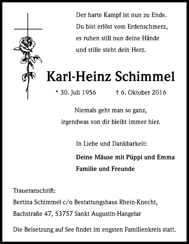  Traueranzeige für Karl-Heinz Schimmel vom 15.10.2016 aus Kölner Stadt-Anzeiger / Kölnische Rundschau / Express