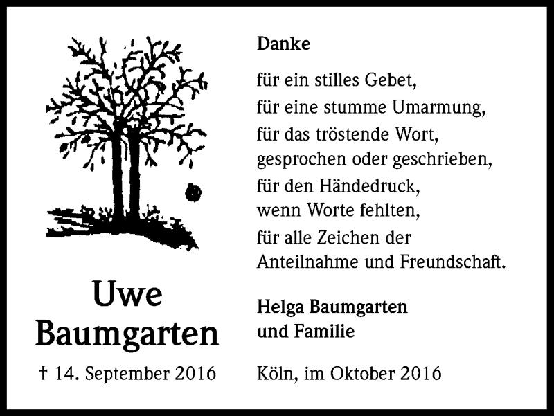  Traueranzeige für Uwe Baumgarten vom 08.10.2016 aus Kölner Stadt-Anzeiger / Kölnische Rundschau / Express