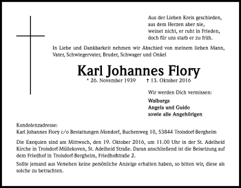 Anzeige von Karl Johannes Flory von Kölner Stadt-Anzeiger / Kölnische Rundschau / Express