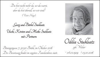 Anzeige von Odilia Stuhlsatz von  Schlossbote/Werbekurier 