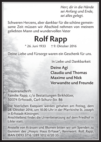 Anzeige von Rolf Rapp von  Werbepost 