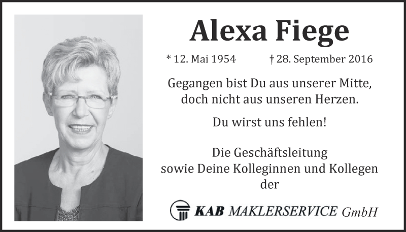  Traueranzeige für Alexa Fiege vom 08.10.2016 aus  Blickpunkt Euskirchen 