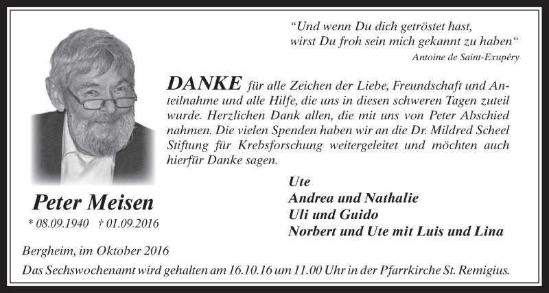  Traueranzeige für Peter Meisen vom 12.10.2016 aus  Werbepost 