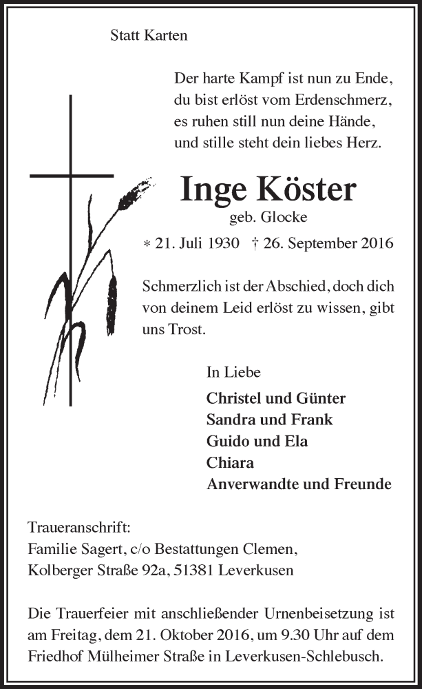  Traueranzeige für Inge Köster vom 15.10.2016 aus  Leverkusener Wochenende 