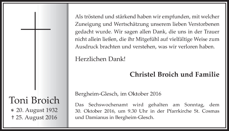  Traueranzeige für Toni Broich vom 26.10.2016 aus  Werbepost 