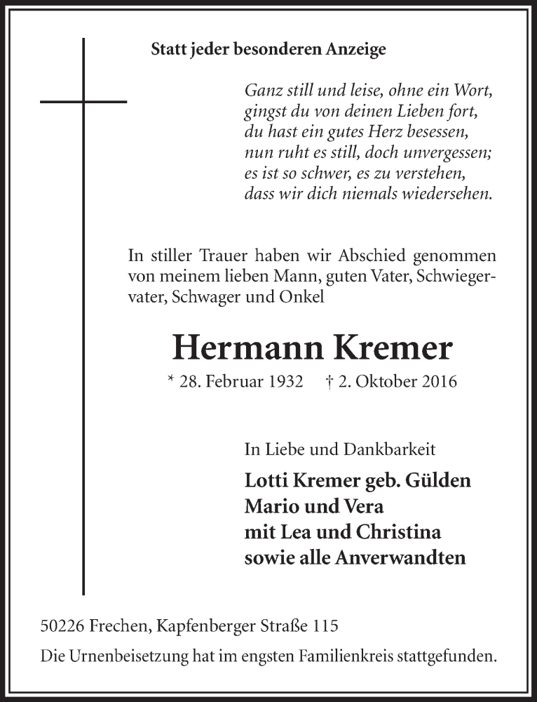 Traueranzeige für Hermann Kremer vom 15.10.2016 aus  Sonntags-Post 