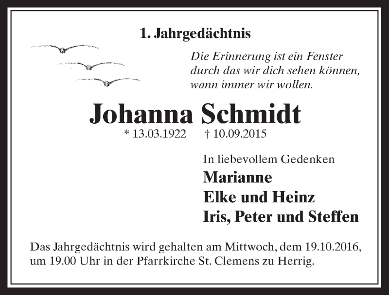  Traueranzeige für Johanna Schmidt vom 12.10.2016 aus  Werbepost 