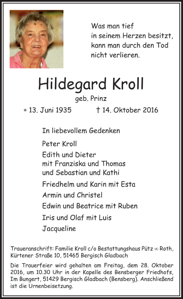  Traueranzeige für Hildegard Kroll vom 26.10.2016 aus  Bergisches Handelsblatt 
