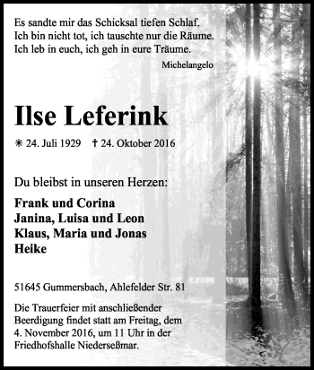 Anzeige von Ilse Leferink von Kölner Stadt-Anzeiger / Kölnische Rundschau / Express