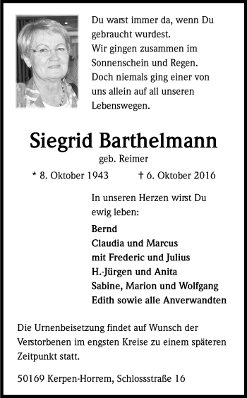 Anzeige von Siegrid Bartelmann von Kölner Stadt-Anzeiger / Kölnische Rundschau / Express