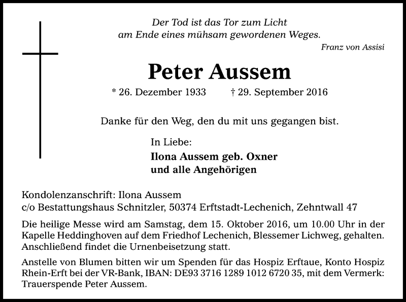  Traueranzeige für Peter Aussem vom 08.10.2016 aus Kölner Stadt-Anzeiger / Kölnische Rundschau / Express