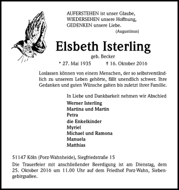 Anzeige von Elsbeth Isterling von Kölner Stadt-Anzeiger / Kölnische Rundschau / Express