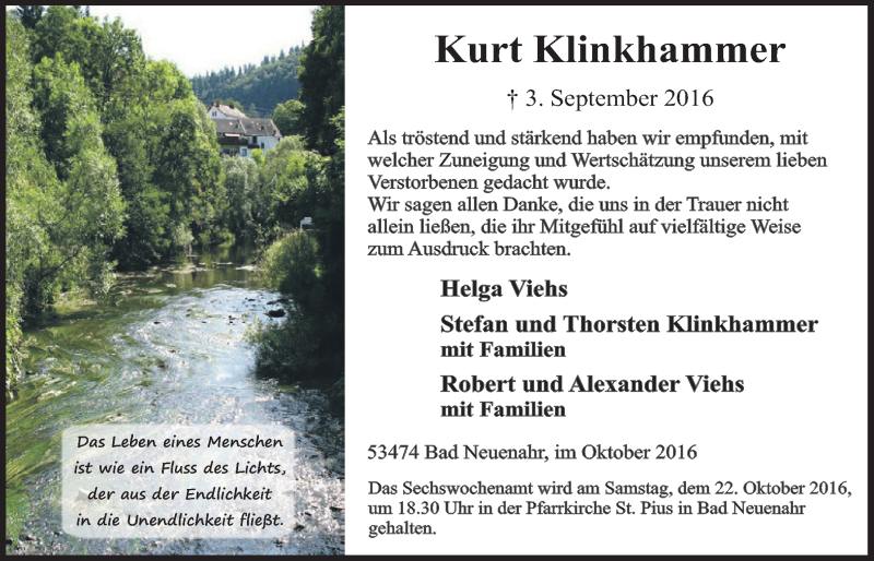  Traueranzeige für Kurt Klinkhammer vom 08.10.2016 aus  Blickpunkt Euskirchen 