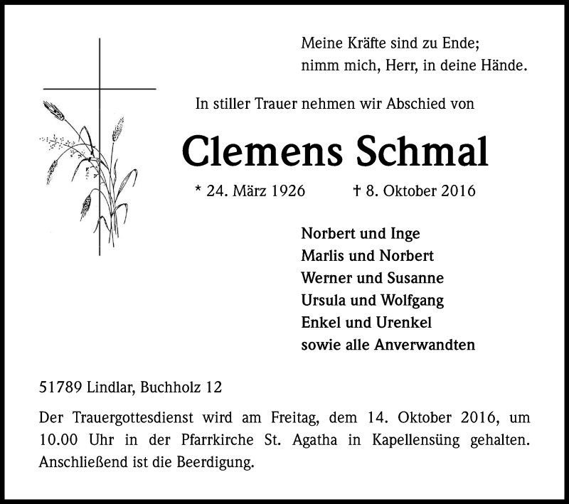  Traueranzeige für Clemens Schmal vom 11.10.2016 aus Kölner Stadt-Anzeiger / Kölnische Rundschau / Express
