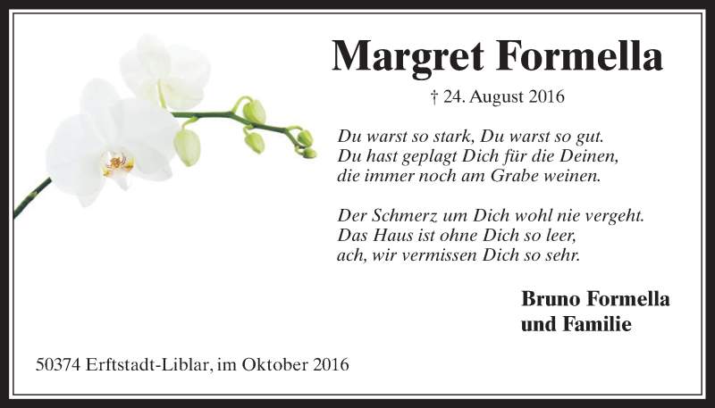 Traueranzeige für Margret Formella vom 12.10.2016 aus  Werbepost 