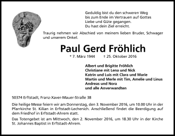 Anzeige von Paul Gerd Fröhlich von Kölner Stadt-Anzeiger / Kölnische Rundschau / Express