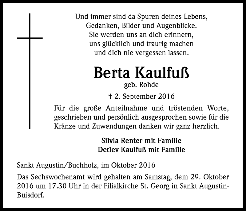  Traueranzeige für Berta Kaulfuß vom 15.10.2016 aus Kölner Stadt-Anzeiger / Kölnische Rundschau / Express