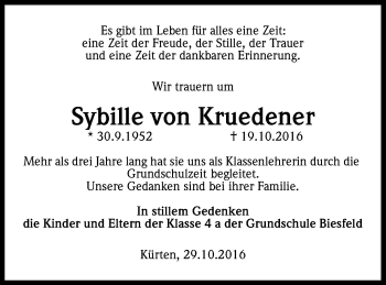 Anzeige von Sybille von Kruedener von Kölner Stadt-Anzeiger / Kölnische Rundschau / Express